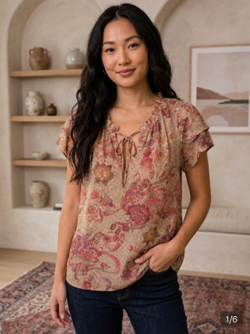 Joie Beige Floral Tie-Neck Short Sleeve Blouse